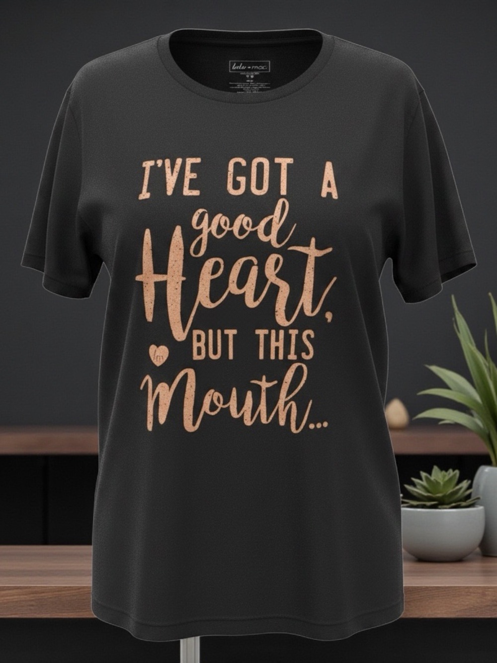 Black Graphic Tee with Rose Gold Script - "I've Got a Good Heart"